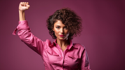 Portrait of a beautiful young woman with curly hair on pink background