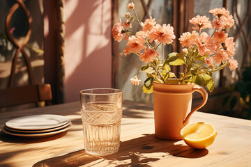 유리잔과 꽃병이 놓여있는 테이블 이미지