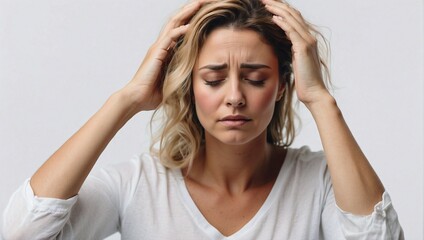 Obraz premium Isolated background, American woman with headache and holding hand to head, studio shot
