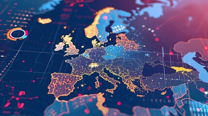 Illuminated Digital Map of Europe with Network Data Connections and Infographic Elements