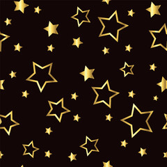 Gold flying stars, trendy seamless pattern. Festive decor, gold sparkles confetti on a black background. for print, postcard, paper, banner. vector illustration.