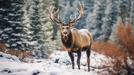 Beautiful deer in the wild in winter in the mountains. Realistic deer in the forest in winter. Reindeer close-up. Elk in the forest in winter. Generative ai