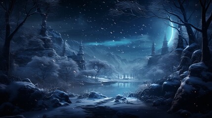A frost-kissed landscape under a moonlit sky, where the silhouettes of trees stand tall, adorned with tiny lights creating a magical winter wonderland - obrazy, fototapety, plakaty