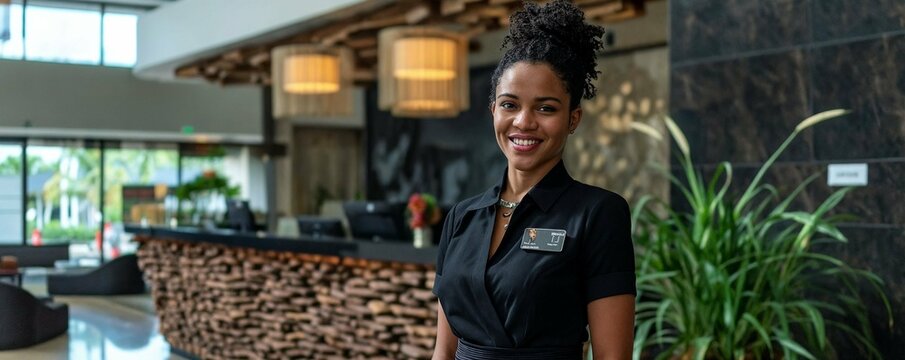 une femme afro am&eacute;ricaine en r&eacute;ceptionniste ou h&ocirc;tesse d'accueil