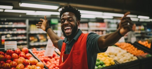 Joyful supermarket employee gesturing in fresh produce aisle. Customer service and job satisfaction. - obrazy, fototapety, plakaty