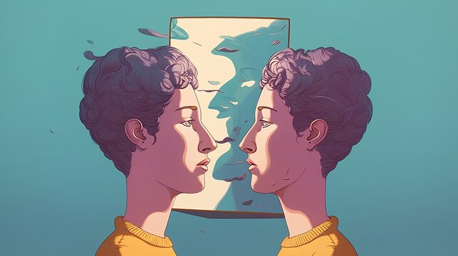 The concept of self awareness through reflected, surreal faces that merge and overlap in an abstract, thought provoking composition.