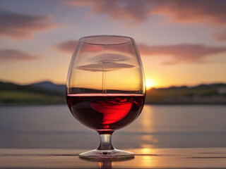 Glass of red wine at sunset