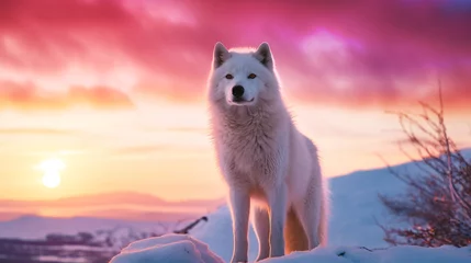 Foto auf Glas White arctic wolf standing in a winter snow landscape during a beautiful red sunset © Flowal93