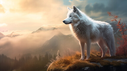 White wolf standing on a mountain in a mystical phantasy landscape