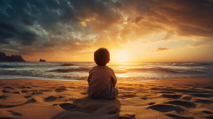 small boy or child sitting on beach contemplating the sea at sunset - obrazy, fototapety, plakaty