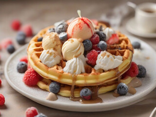 round waffle pancake with ice cream toppings