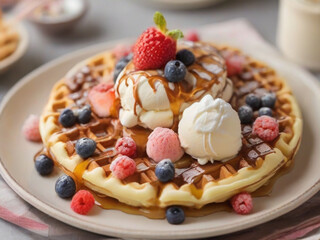 round waffle pancake with ice cream toppings