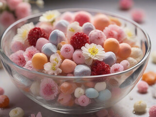 sweets and flowers in a clear glass bowl close up 