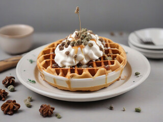 baked waffle with topping on white ceramic plate