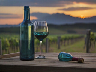 blue glass bottle near wine glass during sun set