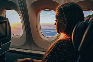 woman sitting in a seat in airplane and looking out the window