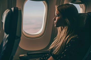 Fotobehang woman sitting in a seat in airplane and looking out the window © FryArt Studio