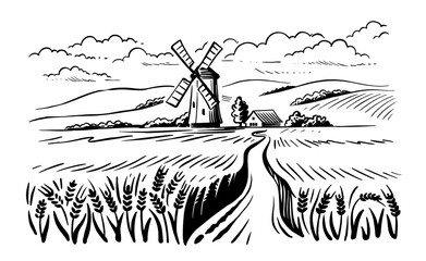 Windmill in a rural landscape.