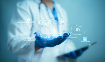 Medical worker touch cloud computing icon network. Cloud technology,Cloud data transfer and online data storage for business network confidential data of medical internet storage network..