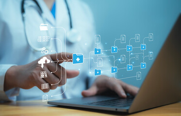 Fototapeta premium A medical worker works with electronic database and documents.Technology and access information, database, storage, Digital link tech, big data
