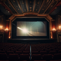 An empty movie theater with red chairs, in the style of anamorphic lens flare