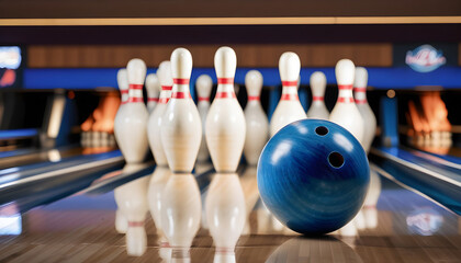 Bowling strike concept. Blue Bowling Ball hits bowling pins.