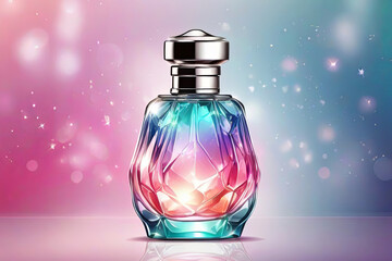 Obraz na płótnie Canvas Sparkling vector perfume bottle template. Glittering colorful backdrop for stunning cosmetic advertising designs. Elevate your brand with this illustration.