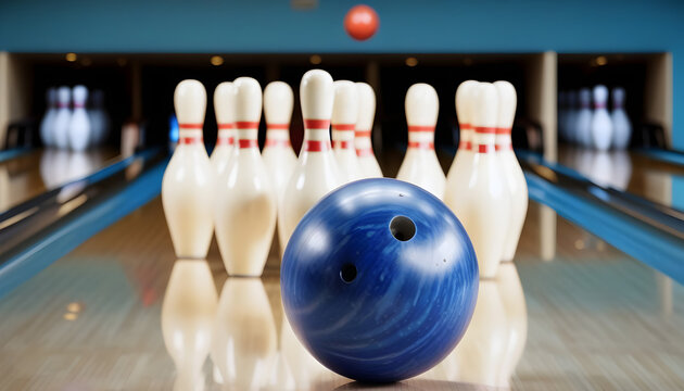 Bowling strike concept. Blue Bowling Ball hits bowling pins.