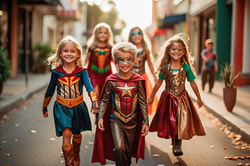 Group of small children dressed as superheroes on carnival day - obrazy, fototapety, plakaty