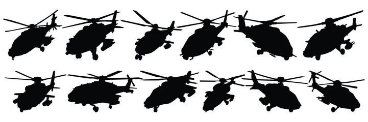 Helicopter war army silhouettes set, large pack of vector silhouette design, isolated white background © FutureFFX