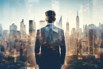 Double exposure of confident businessman and modern cityscape with sunlight. Concept of leadership and success. Toned image double exposure - Powered by Adobe