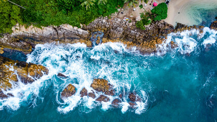 Beautiful Indian Ocean coastline on the island of Sri Lanka, Mirissa. Aerial photography.