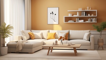 Inviting modern living room with vibrant yellow color scheme and captivating wall art - obrazy, fototapety, plakaty