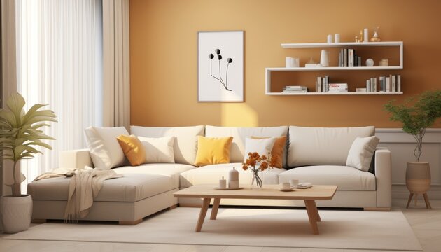 Inviting modern living room with vibrant yellow color scheme and captivating wall art