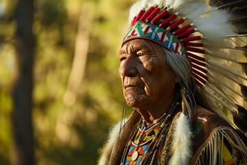 Obraz premium Native American elder in traditional regalia, feather headdress, intricate beadwork