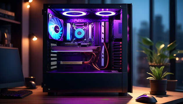 Modern style gaming pc with water cooling and lights.