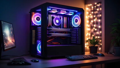 Fototapeta premium Modern style gaming pc with water cooling and lights.