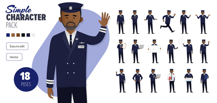 Simple flat British airline pilot vector character, in a set of multiple poses. Easy to edit and isolated on a white background. Modern trendy style character mega pack with lots of poses.