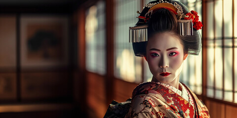 Japanese geisha in full kimono, delicate makeup, ornate hairstyle with kanzashi accessories - obrazy, fototapety, plakaty