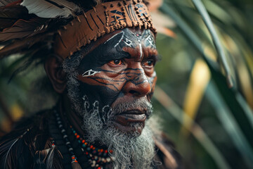 elder tribal shaman, intricate face paint, adorned with feathers and beads, deep, wise gaze