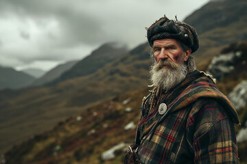 Fototapeta na wymiar Portrait of a Scottish man in Highland dress, tartan kilt, sporran, and ghillie shirt, dramatic highland scenery