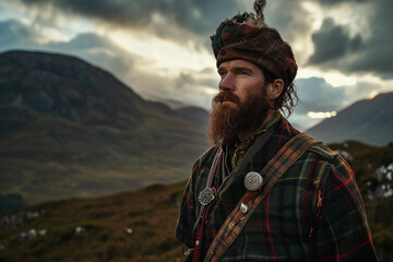 Portrait of a Scottish man in Highland dress, tartan kilt, sporran, and ghillie shirt, dramatic highland scenery - obrazy, fototapety, plakaty