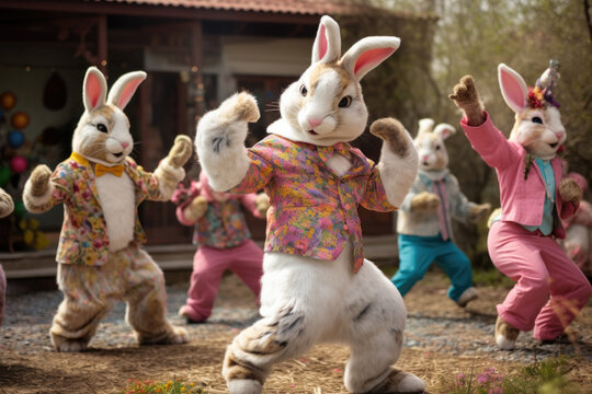 People in rabbit costumes dancing on a party