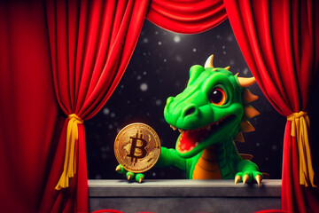 Naklejka premium cunning green dragon holds a golden bitcoin in its paw, looking out from behind the red curtain of the theater wings.