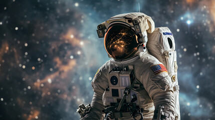 Naklejka premium astronaut in a futuristic space suit, visor reflecting the Earth from orbit, star-studded space backdrop