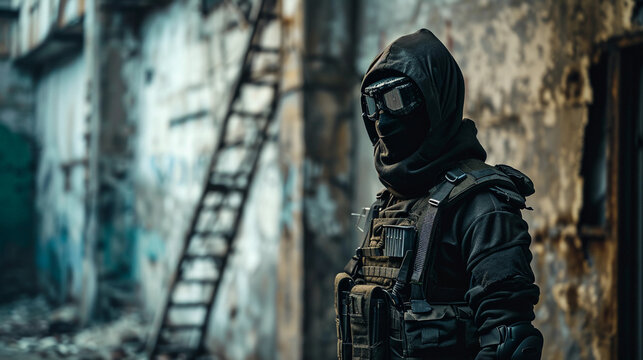 futuristic urban warrior theme, tactical gear with integrated tech, urban decay setting