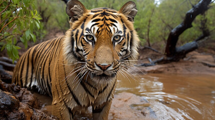 Naklejka premium Indian tiger male with first rain, AI Generative.