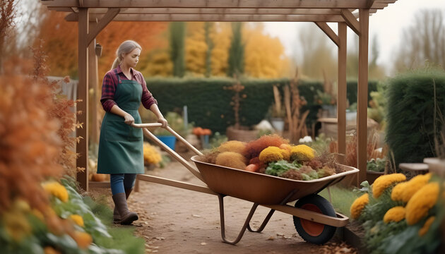 seasonal autumn garden work. Woman gardener at wooden pergola with wheelbarrow. Natural country living