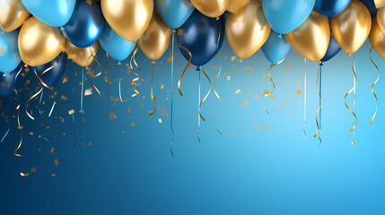 Holiday background with gold and blue metallic balloons, confetti and ribbons, festive festive background