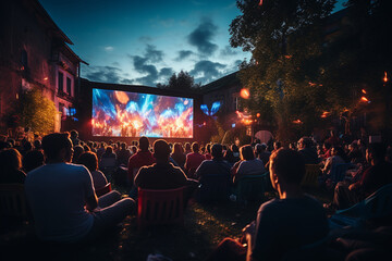 open-air cinema during a film festival with colorful lights, creating a cinematic scene that celebrates the vibrancy and excitement of cinematic events in a photo - obrazy, fototapety, plakaty